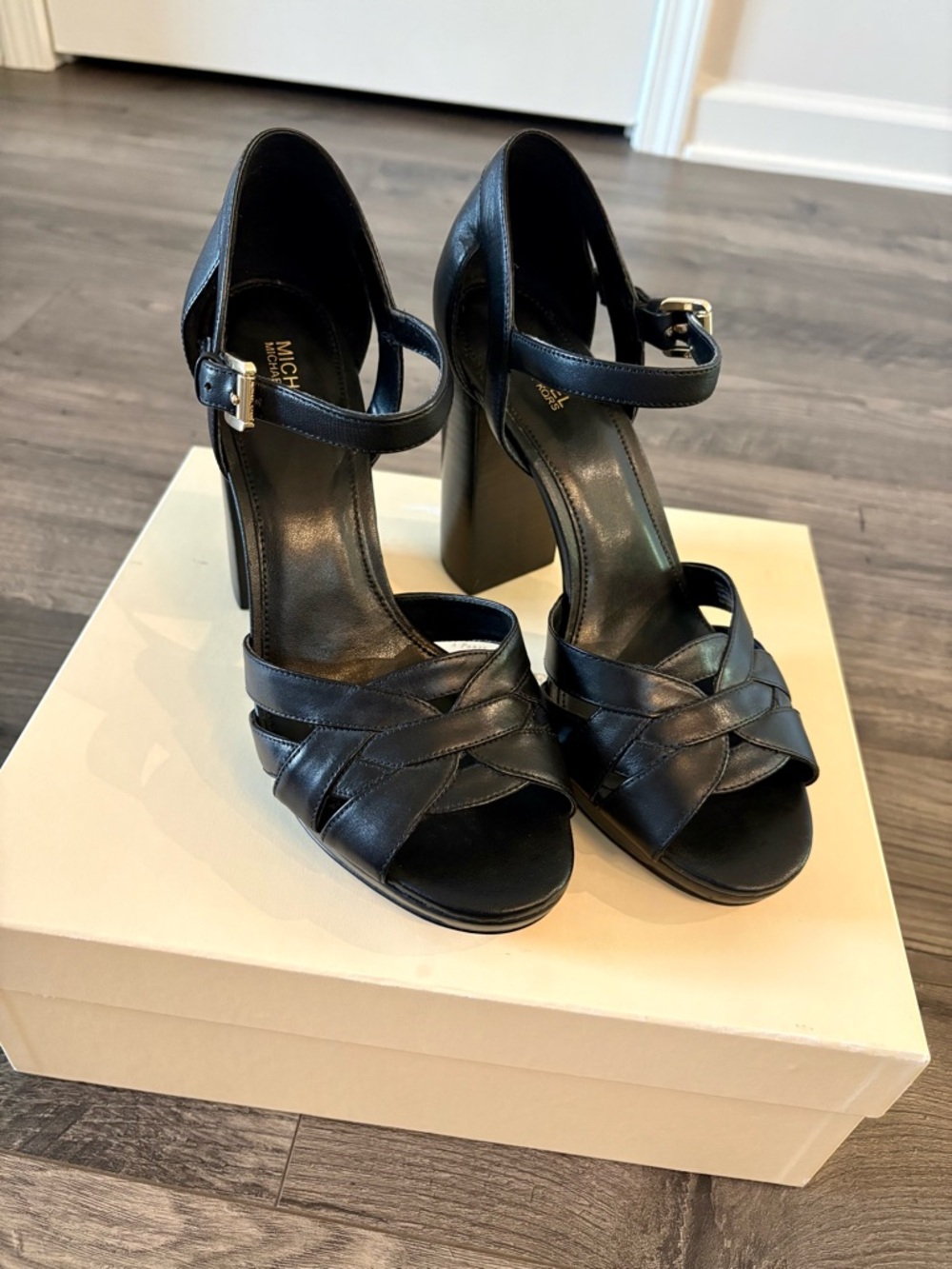 MICHAEL Michael Kors Black Leather Ankle-Strap Block Heel Sandals